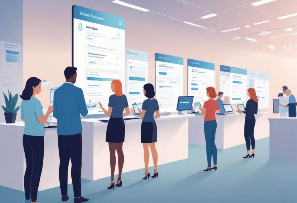 Design a clean and modern illustration that depicts an Attendee Event Registration system in action. The image should feature a user-friendly interface showing various stages of the registration process, such as filling out registration forms, selecting event sessions, and receiving confirmation.